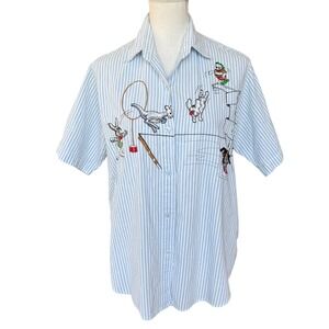 Western Connection Womens Blue White Striped Circus Dog Embroidered Shirt Medium